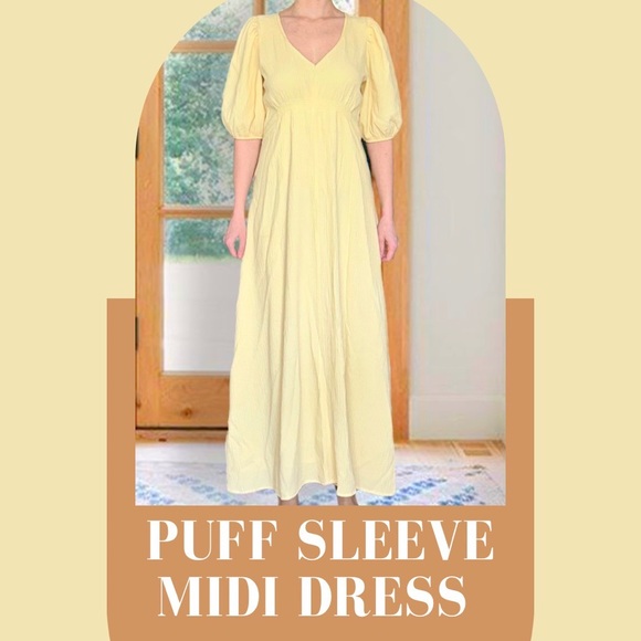 Light Yellow Puff Sleeve Midi Dress - Picture 1 of 6